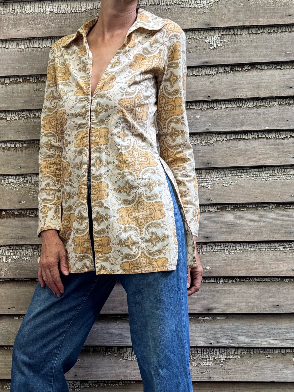 VTG Frenchi Paisley Tunic Shirt in Cream, Tan and Light Blue - Picture 6 of 16